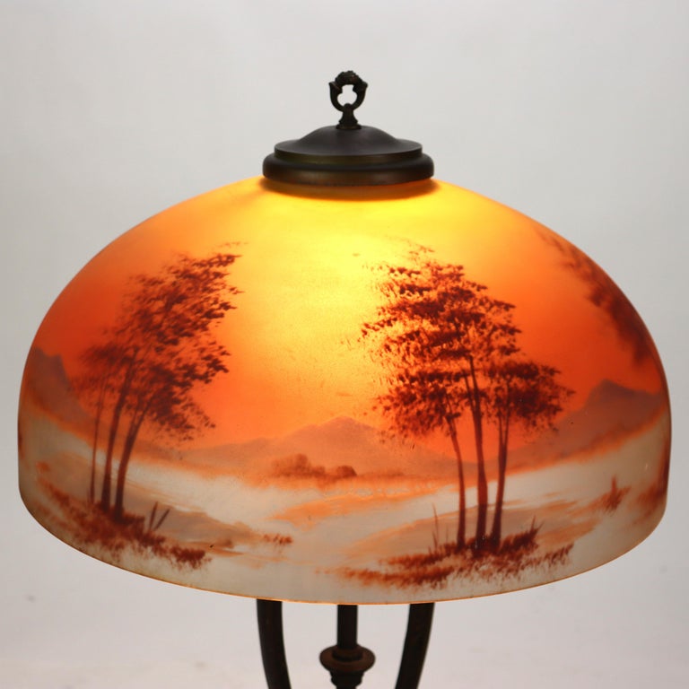 Antique Handel School Reverse Painted Scenic Table Lamp C1920