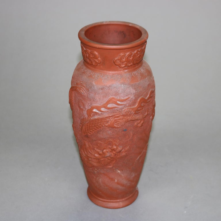 Japanese Embossed Terra Cotta Vase with Dragon C1930