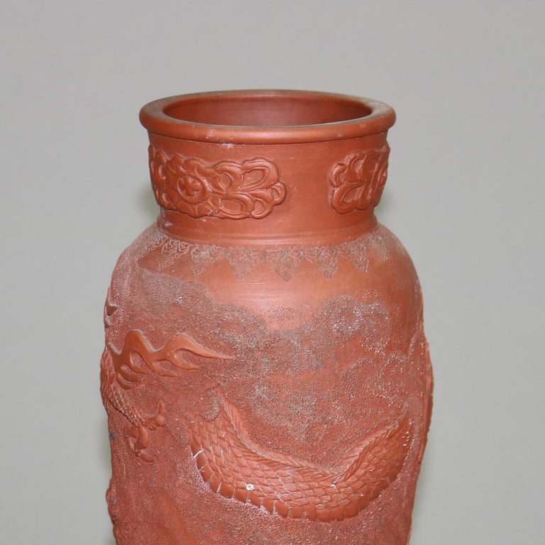 Japanese Embossed Terra Cotta Vase with Dragon C1930