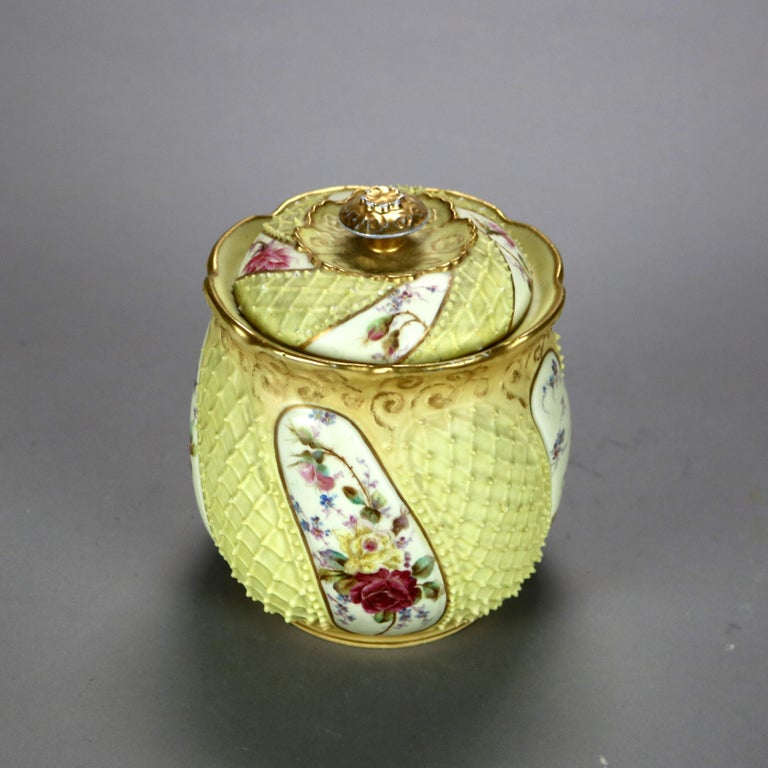 Antique German Rudolstadt Floral & Gilt Hand Painted Porcelain Biscuit Jar c1890