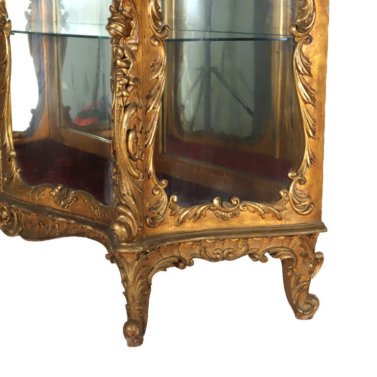 Antique French Louis XIV Style Rococo Figural & Floral Carved Gilt Wood Vitrine