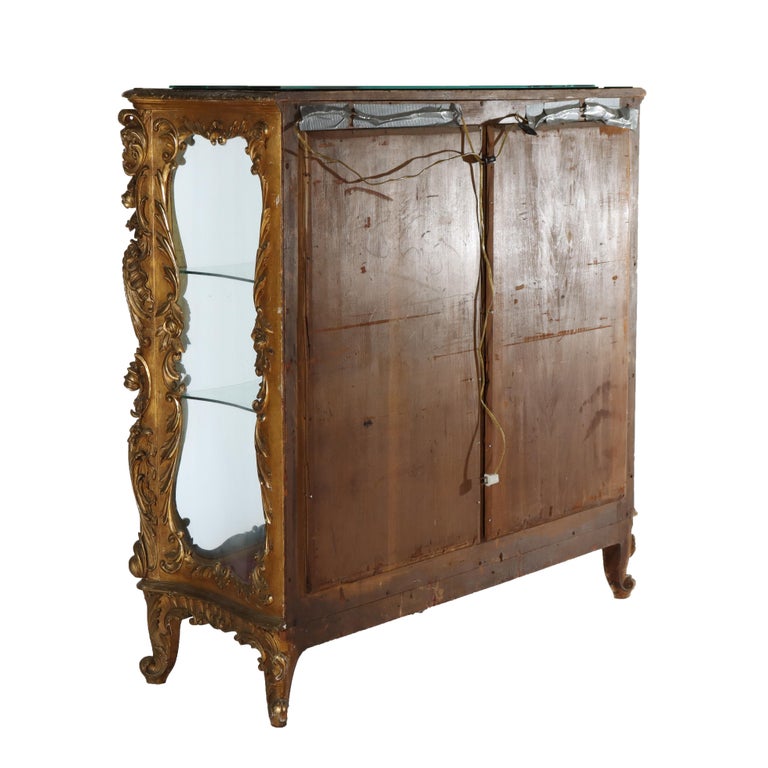 Antique French Louis XIV Style Rococo Figural & Floral Carved Gilt Wood Vitrine