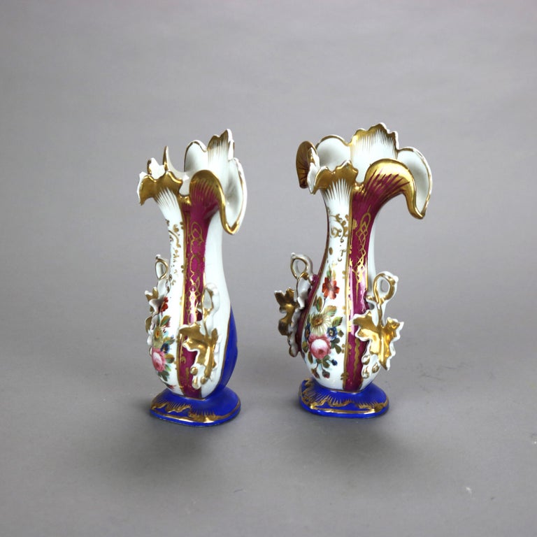 Pair of Antique Old Paris Floral & Gilt Hand Painted Porcelain Spill Vases C1880