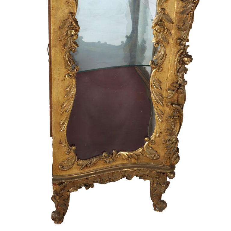 Antique French Louis XIV Style Rococo Figural & Floral Carved Gilt Wood Vitrine