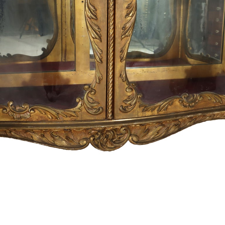 Antique French Louis XIV Style Rococo Figural & Floral Carved Gilt Wood Vitrine