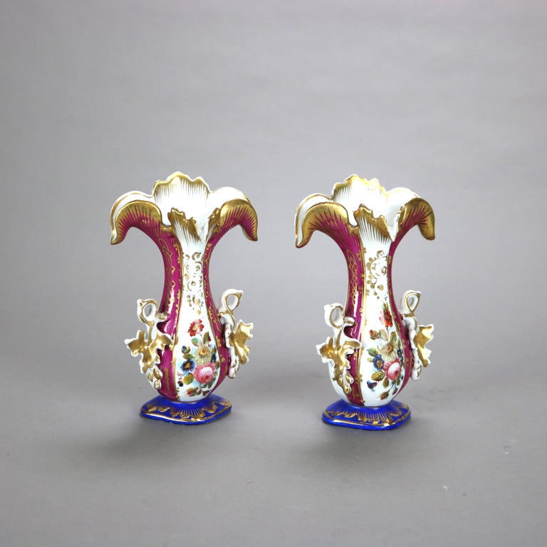 Pair of Antique Old Paris Floral & Gilt Hand Painted Porcelain Spill Vases C1880