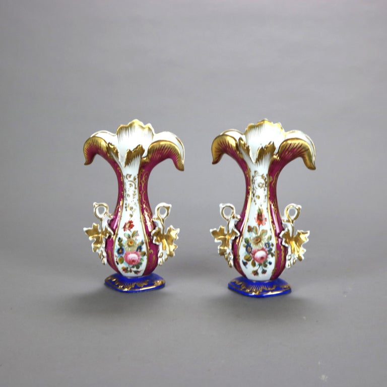 Pair of Antique Old Paris Floral & Gilt Hand Painted Porcelain Spill Vases C1880
