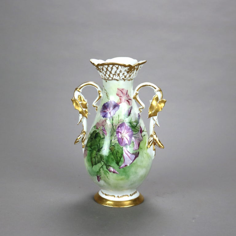 Antique French Limoges Morning Glory Floral & Gilt Hand Painted Porcelain Vase