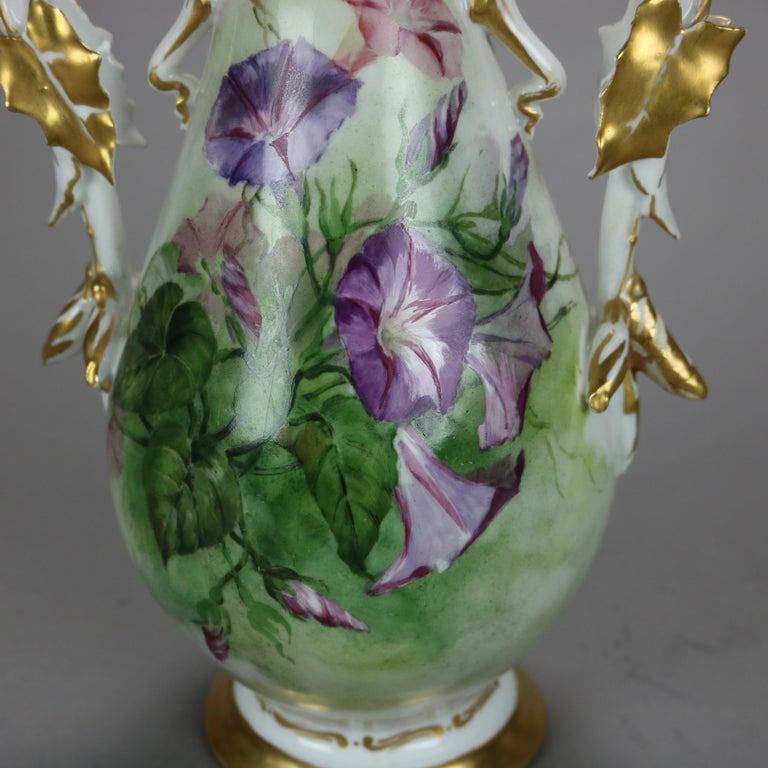 Antique French Limoges Morning Glory Floral & Gilt Hand Painted Porcelain Vase