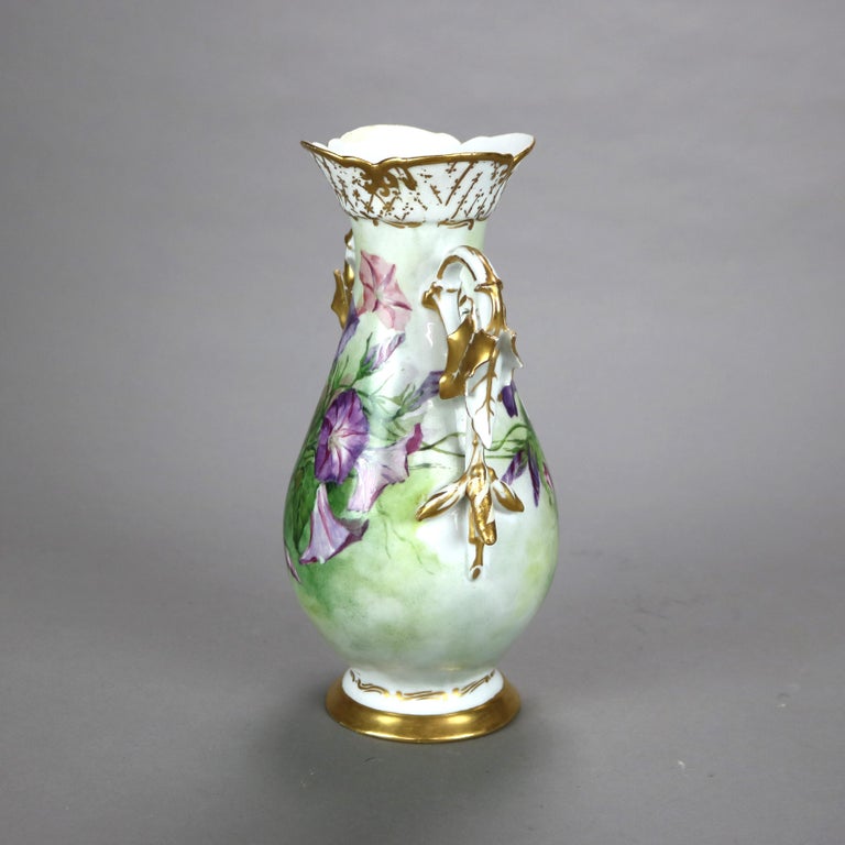 Antique French Limoges Morning Glory Floral & Gilt Hand Painted Porcelain Vase