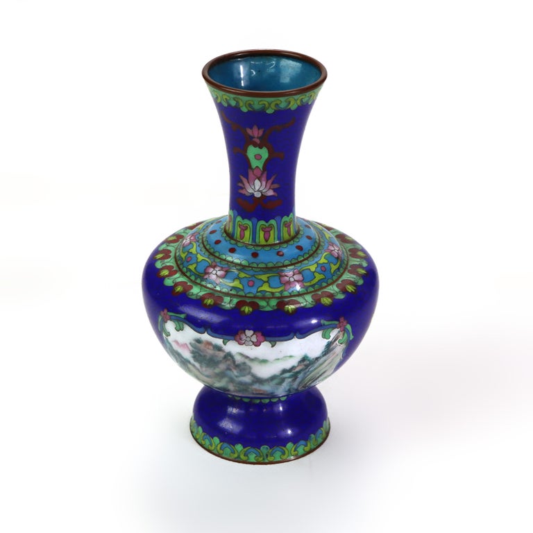 Antique Cloisonne Vase with Landscape Scene & Floral Elements C1920