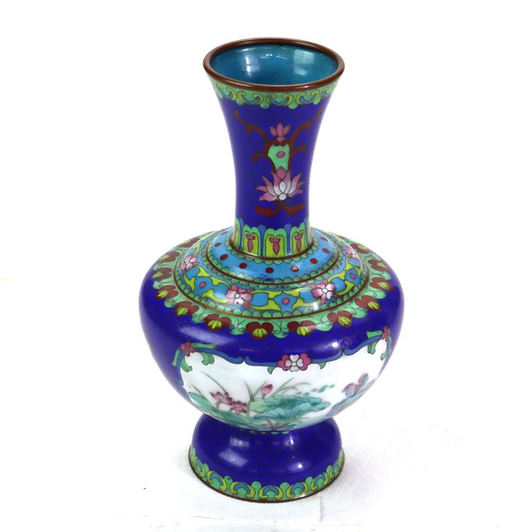 Antique Cloisonne Vase with Landscape Scene & Floral Elements C1920