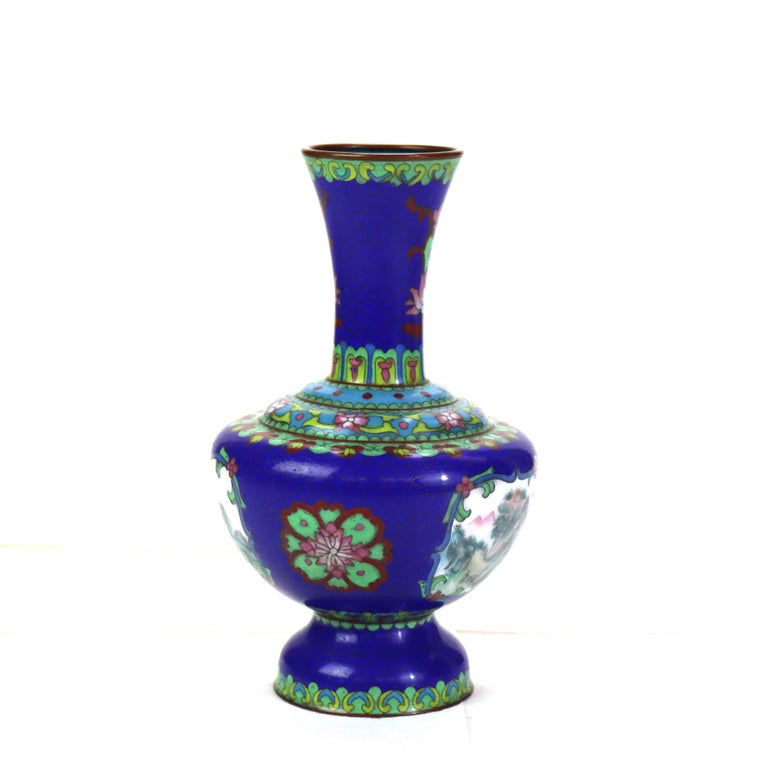 Antique Cloisonne Vase with Landscape Scene & Floral Elements C1920