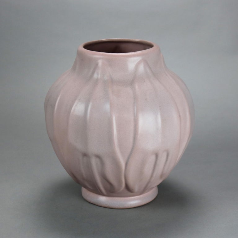 Antique Van Briggle Matt Rose Pottery Vase with Tooled Stylized Leaves C1920