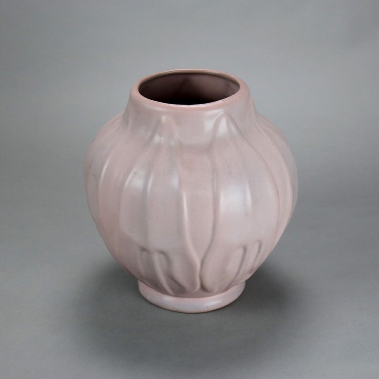 Antique Van Briggle Matt Rose Pottery Vase with Tooled Stylized Leaves C1920