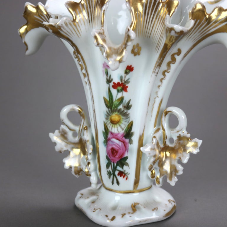 Pair of Antique Old Paris Porcelain Hand Painted Floral & Gilt Spill Vases c1890