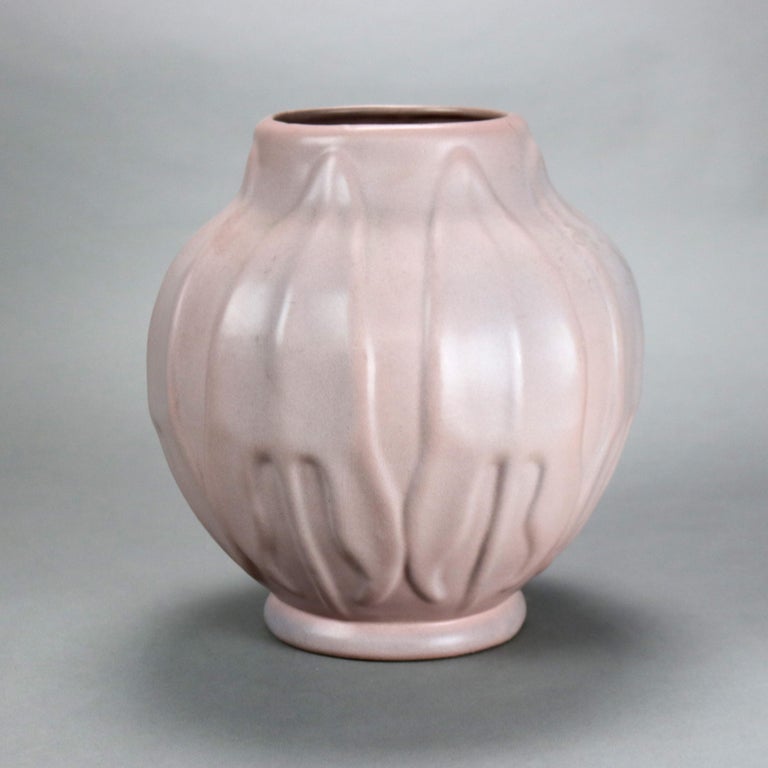 Antique Van Briggle Matt Rose Pottery Vase with Tooled Stylized Leaves C1920