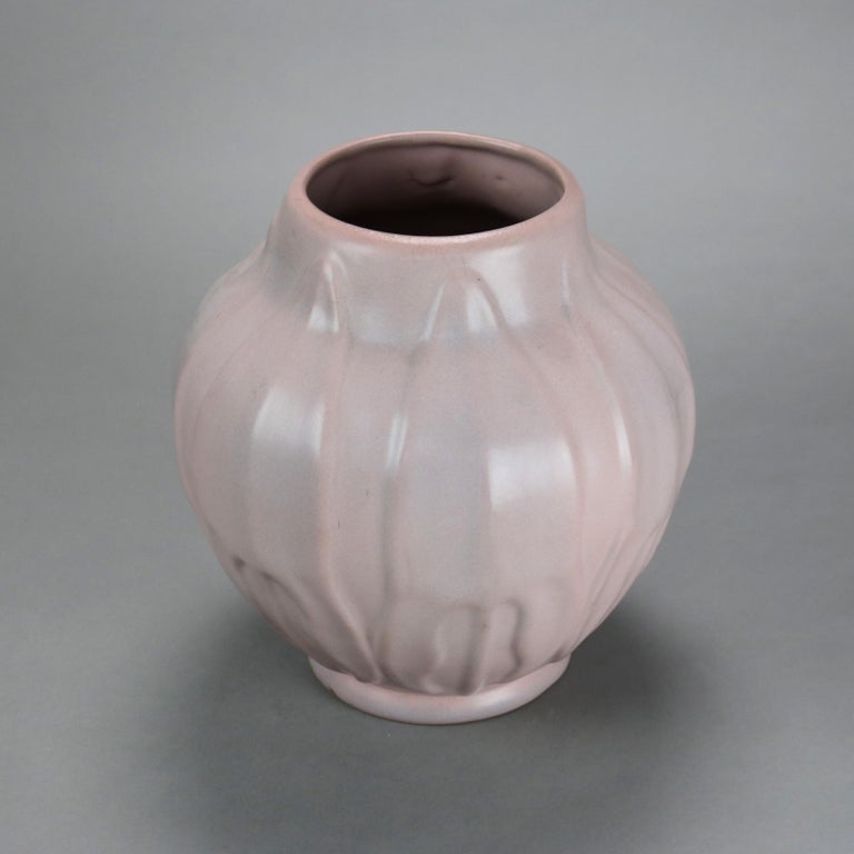 Antique Van Briggle Matt Rose Pottery Vase with Tooled Stylized Leaves C1920