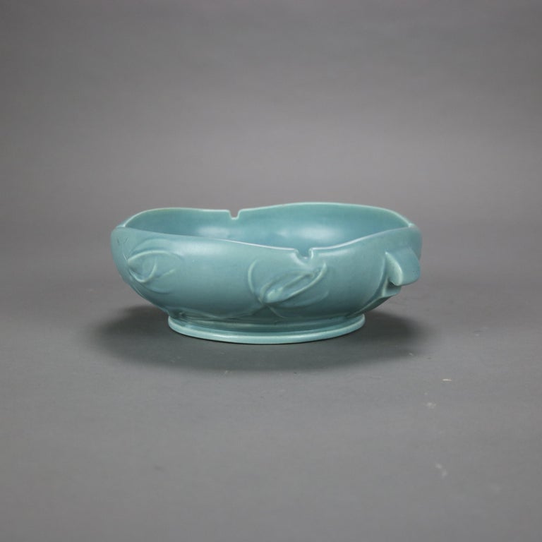 Roseville Blue Art Pottery Bowl with Teasel Pattern Mid 20thC