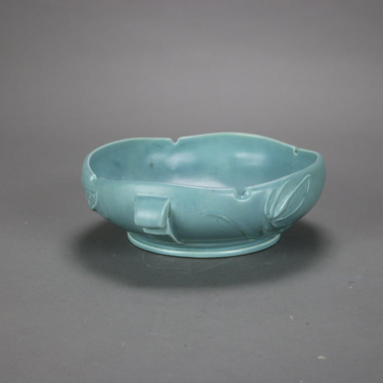 Roseville Blue Art Pottery Bowl with Teasel Pattern Mid 20thC