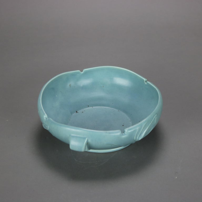 Roseville Blue Art Pottery Bowl with Teasel Pattern Mid 20thC