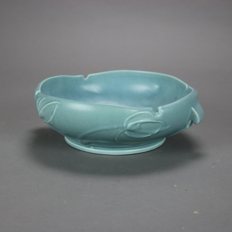Roseville Blue Art Pottery Bowl with Teasel Pattern Mid 20thC