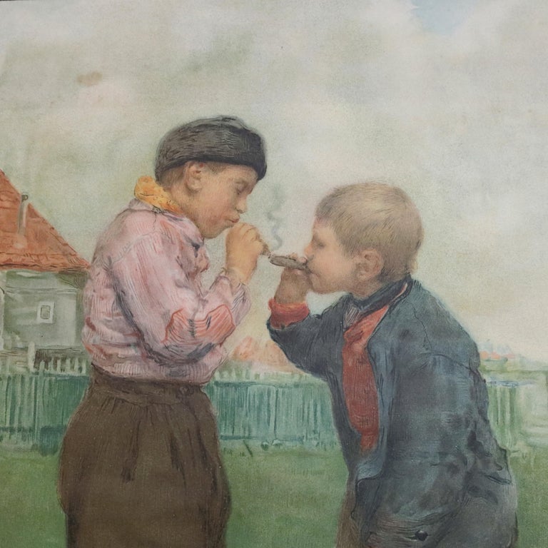 Antique French Genre Print after "Rokende Knapen" by Frantz Charlet, circa 1910