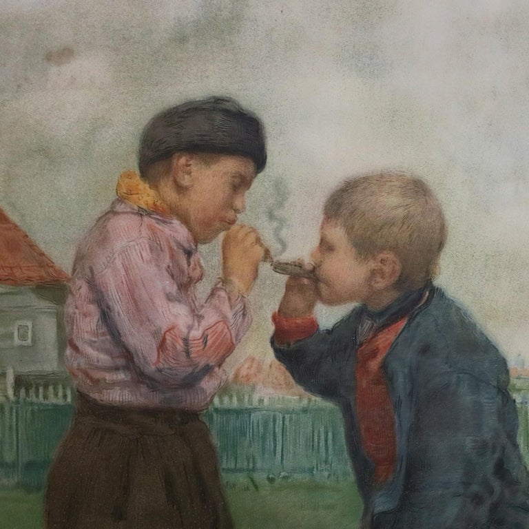 Antique French Genre Print after "Rokende Knapen" by Frantz Charlet, circa 1910