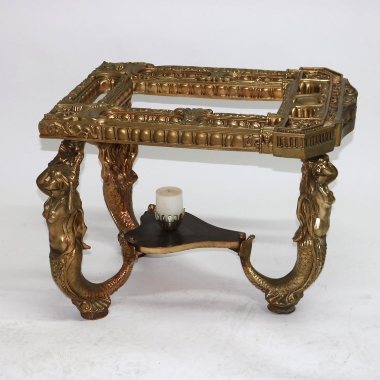 Antique Hollywood Regency Figural Mermaid Caryatid Brass & Glass Table C1930
