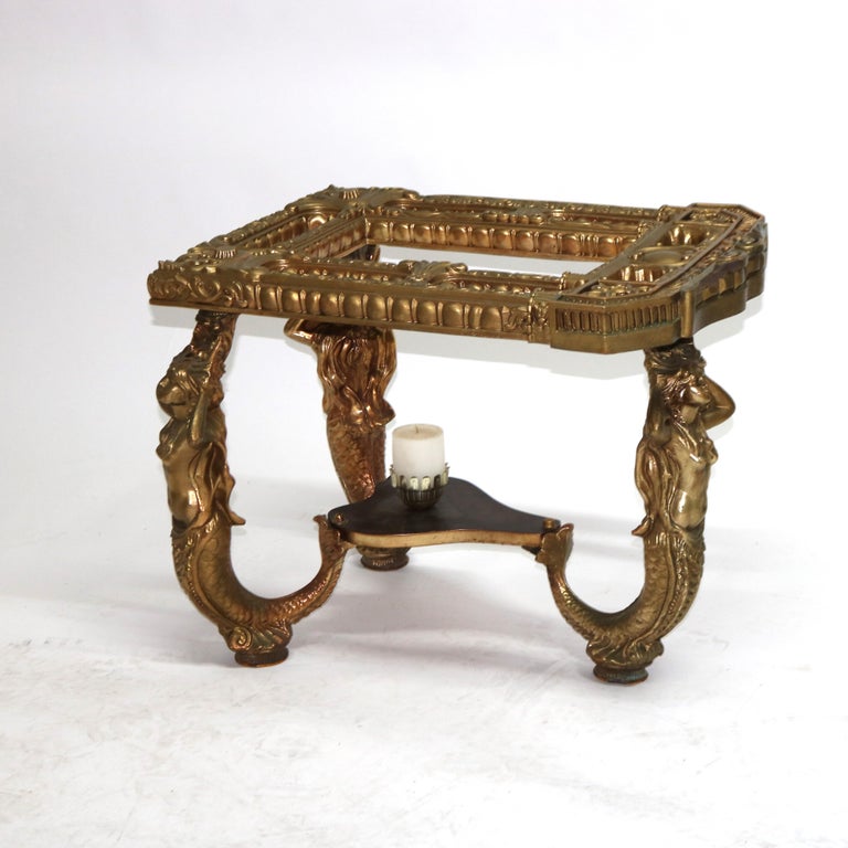 Antique Hollywood Regency Figural Mermaid Caryatid Brass & Glass Table C1930
