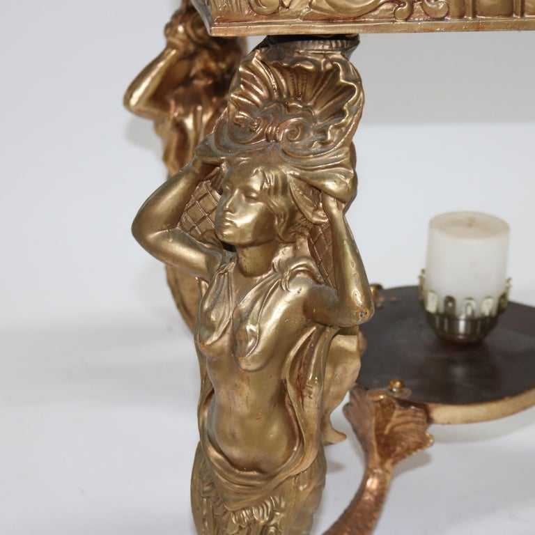 Antique Hollywood Regency Figural Mermaid Caryatid Brass & Glass Table C1930