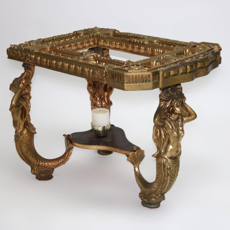 Antique Hollywood Regency Figural Mermaid Caryatid Brass & Glass Table C1930