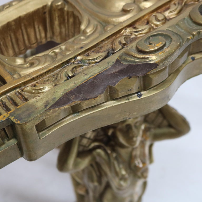 Antique Hollywood Regency Figural Mermaid Caryatid Brass & Glass Table C1930