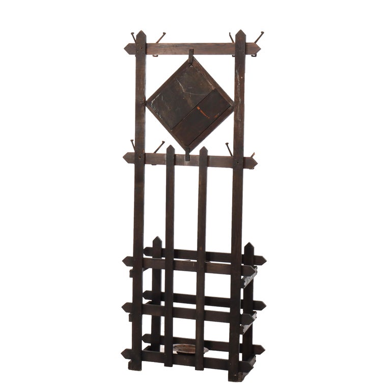 Antique Arts & Crafts Mission Oak Mirrored Hall Tree With Umbrella Stand c1920