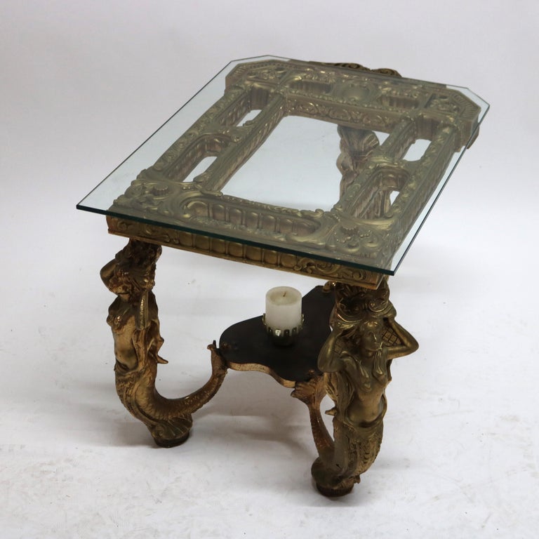 Antique Hollywood Regency Figural Mermaid Caryatid Brass & Glass Table C1930