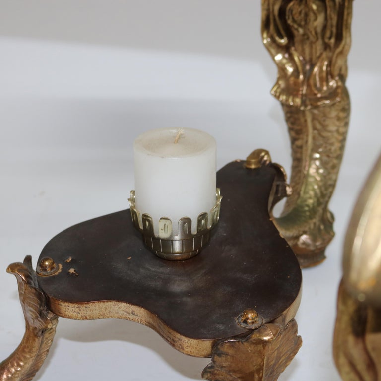 Antique Hollywood Regency Figural Mermaid Caryatid Brass & Glass Table C1930