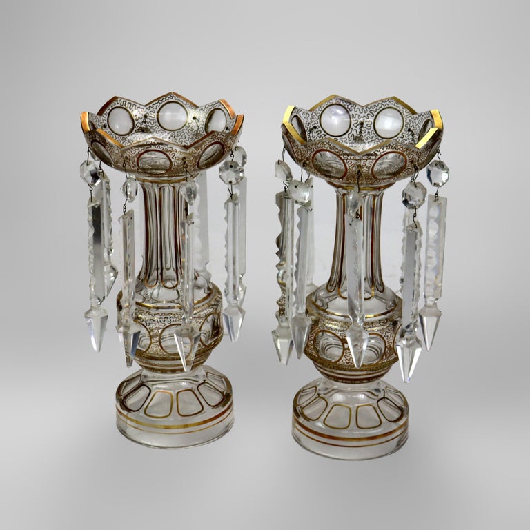 Pair of Victorian Gilt Decorated Glass Mantle Lusters with Crystals c1890