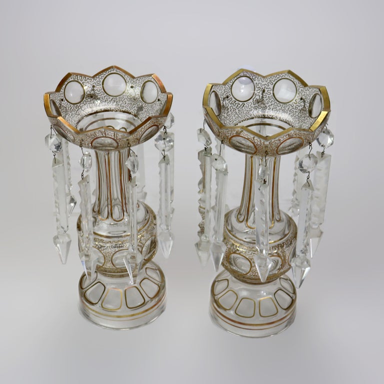 Pair of Victorian Gilt Decorated Glass Mantle Lusters with Crystals c1890