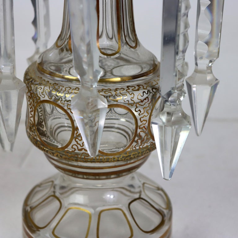Pair of Victorian Gilt Decorated Glass Mantle Lusters with Crystals c1890