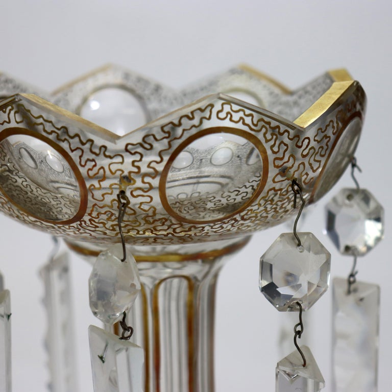 Pair of Victorian Gilt Decorated Glass Mantle Lusters with Crystals c1890