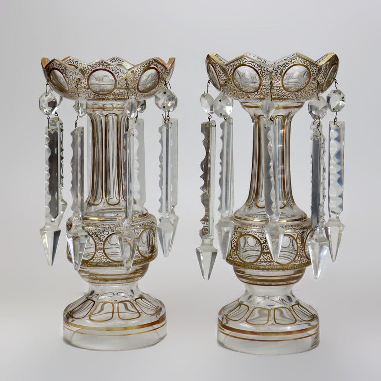 Pair of Victorian Gilt Decorated Glass Mantle Lusters with Crystals c1890