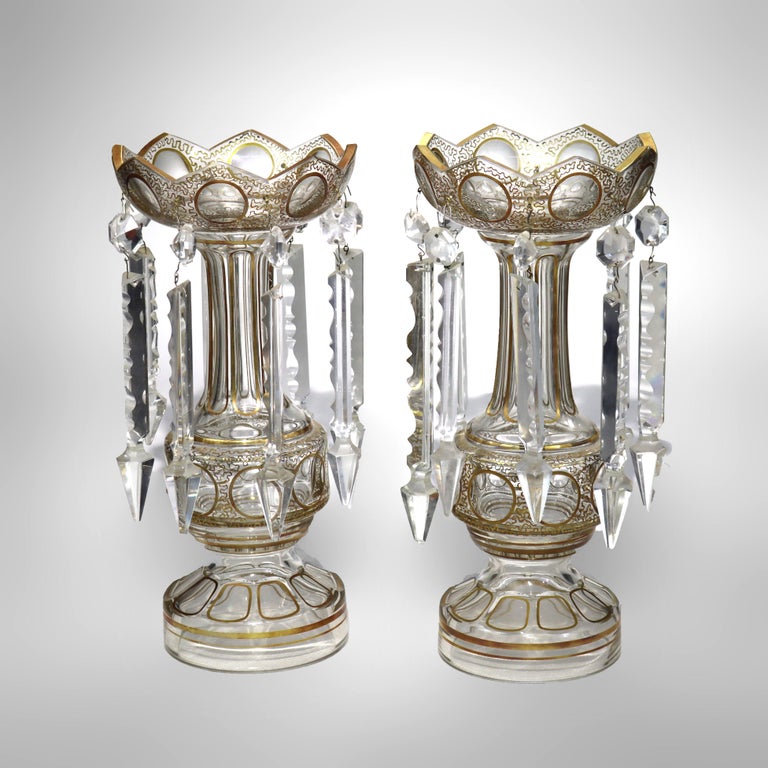 Pair of Victorian Gilt Decorated Glass Mantle Lusters with Crystals c1890