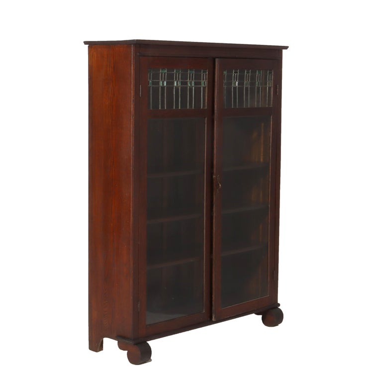Antique Arts & Crafts Oak Double Door Bookcase with Leaded Glass C1920