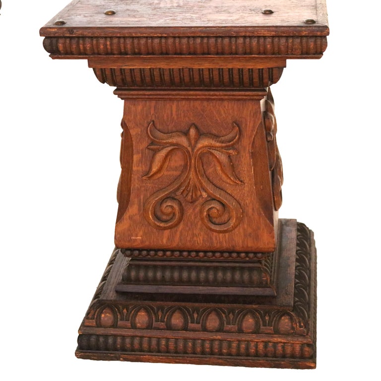 Pair of Antique RJ Horner Attr. Foliate Carved Oak Sculpture Pedestals C1900