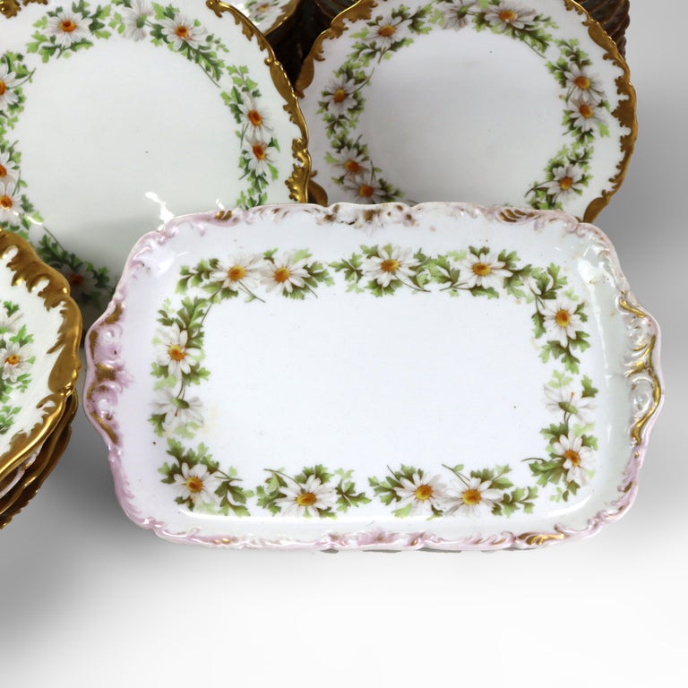 37 Vintage Limoges Porcelain Plates with Gilt Edges & Daisies c1940