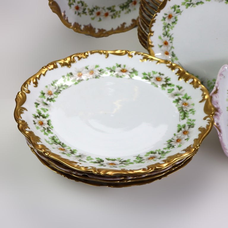 37 Vintage Limoges Porcelain Plates with Gilt Edges & Daisies c1940