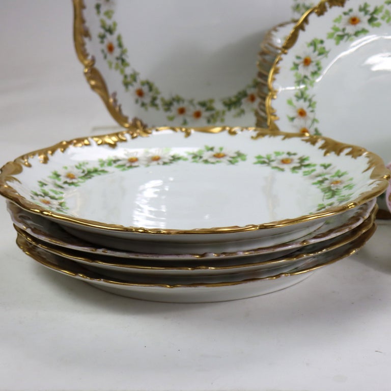 37 Vintage Limoges Porcelain Plates with Gilt Edges & Daisies c1940
