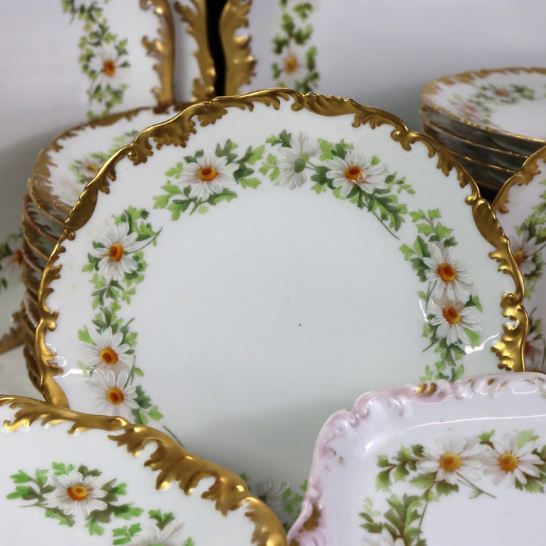 37 Vintage Limoges Porcelain Plates with Gilt Edges & Daisies c1940