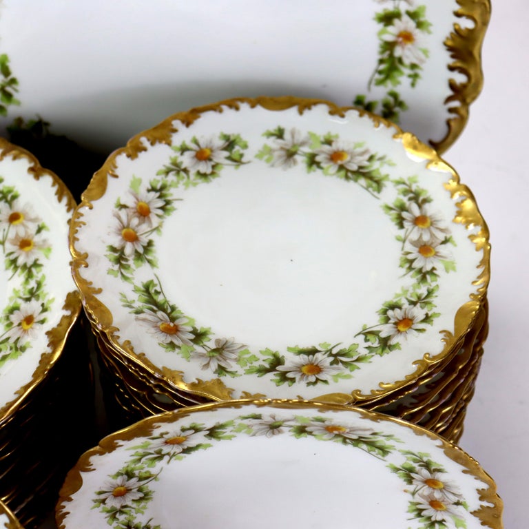 37 Vintage Limoges Porcelain Plates with Gilt Edges & Daisies c1940