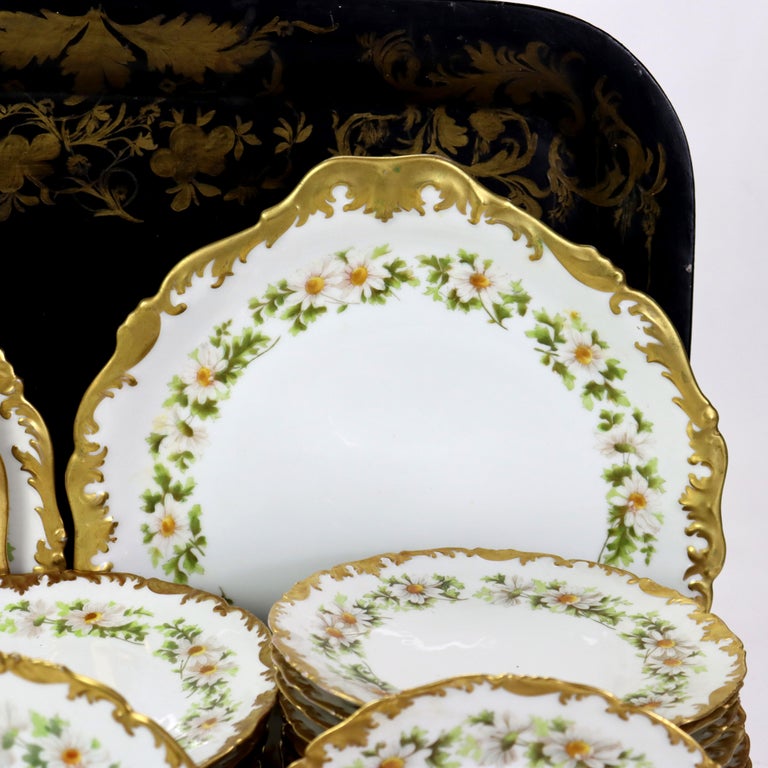 37 Vintage Limoges Porcelain Plates with Gilt Edges & Daisies c1940